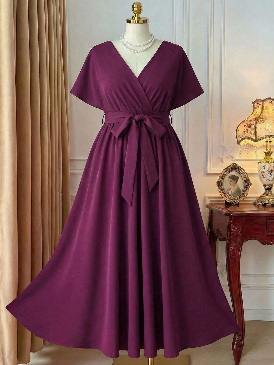 DreamSkyne Đầm suông cổ chữ V tay ngắn thanh lịch màu trơn cỡ lớn dành cho nữ - Màu tím - Xem 1