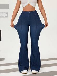 Flexra Quần jeans ống loe dáng ôm, màu trơn dành cho nữ, kiểu dáng thường ngày. - Rửa tối - Xem 3