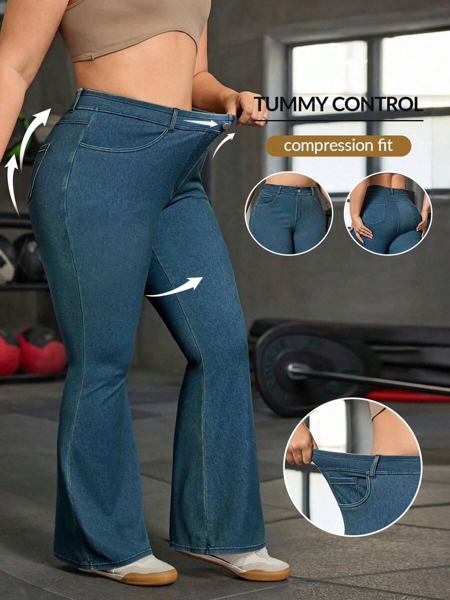 Flexra Quần jean denim trơn màu, cạp chun, kiểu dáng đường phố, cỡ lớn, có túi xéo. - Màu xanh bụi bặm - Xem 1