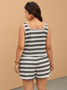 Elaquor Conjunto de 2 piezas de top sin mangas y shorts con bloques de color y rayas para tallas grandes - Blanco y Negro - Ver 2