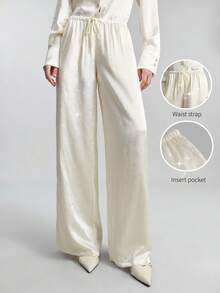 Ontre 2026 Spring/Summer New Women's Trousers, Women's Apricot Satin Textured Side Slit Long Sleeve Shirt, Minimalist Fashion Casual For Daily, Bohemian Style, Vacation, Festivals, Spring Wedding - Beige - View 1