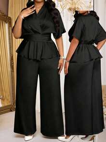 SHEIN Lady 大码女式优雅纯色上衣和宽松长裤两件套 - 黑色 - 查看 2