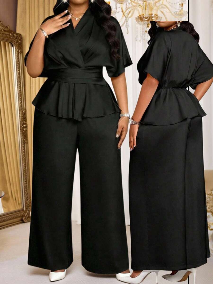 SHEIN Lady 大码女式优雅纯色上衣和宽松长裤两件套