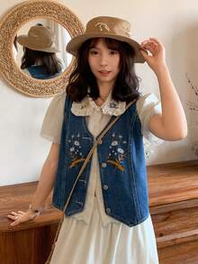 FRIFUL 女士花卉刺绣单排扣休闲牛仔背心外套 - 藍色 - 查看 6