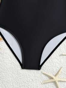 SHEIN Tween Girl Striped & Bow Print Zip-Up One-Piece Swimsuit - Black and White - View 3