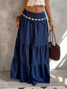 Sunnyshic 女士休闲水洗加长牛仔裙 - 藍色 - 查看 6