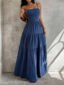 Sunnyshic 女士牛仔超长高开衩连衣裙 - 藍色 - 查看 6