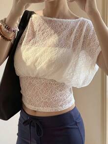 Livesso Women's Solid Color Lace Patchwork Sexy T-Shirt - White - View 1