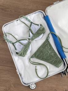 Swim Chiccia Sexy einfarbiger Muschelgitter-Türkis-Accessoire-Stahlband-Bikini-Set für den Sommerurlaub - Grün - Übersicht 6