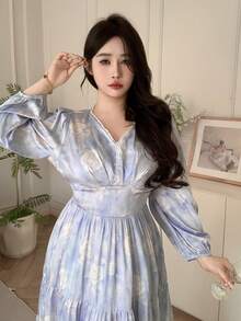 Dazy Plus Đầm maxi dự tiệc in hoa, thắt eo, cổ áo đính ngọc trai, kiểu dáng nghỉ mát, tay dài, cỡ lớn, đầm mùa xuân/hè. - Màu tím - Xem 6