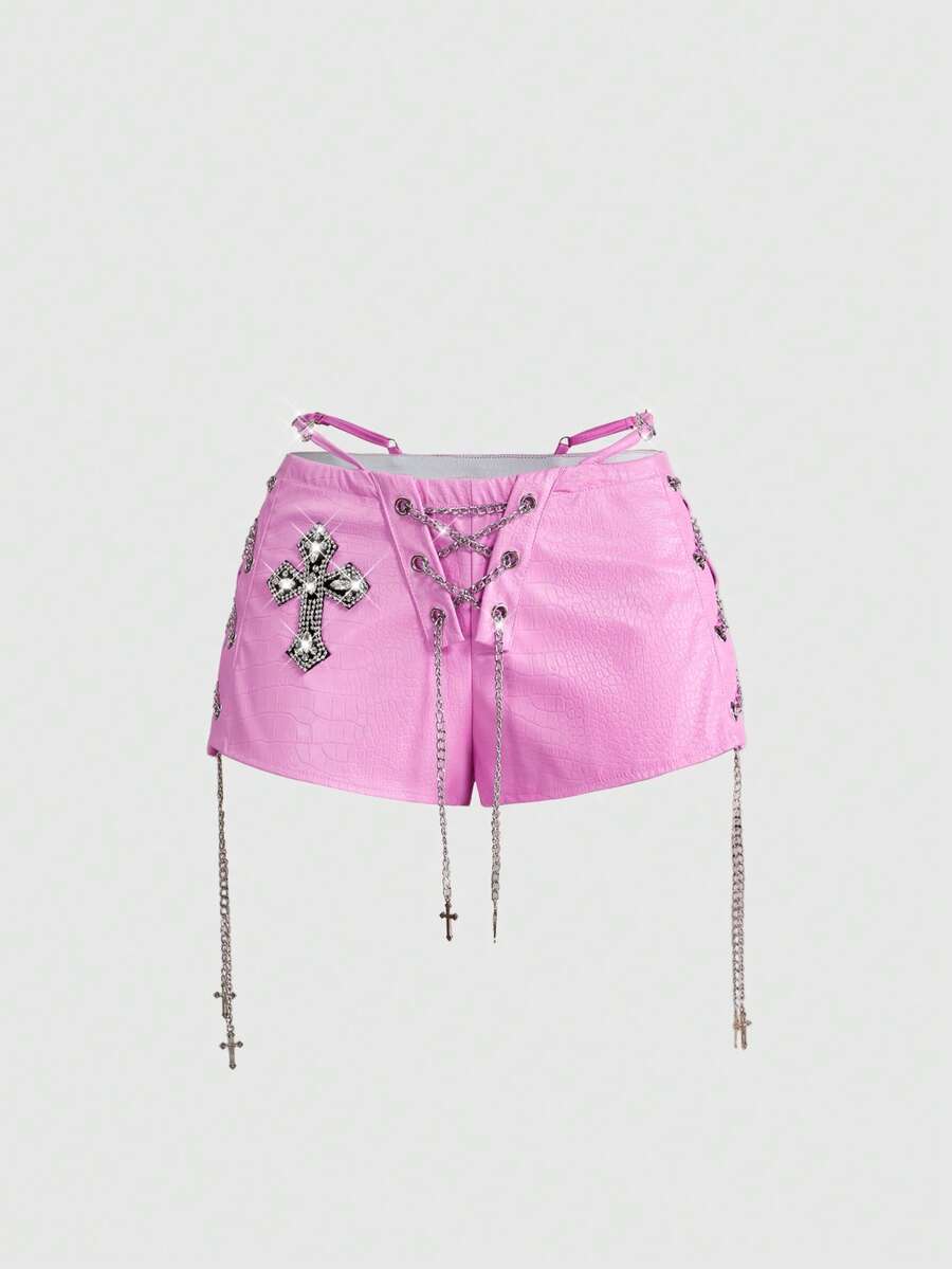 ROMWE Avant Quần short nữ kiểu retro gyaru biker, chất liệu giả da, cạp thấp, ôm sát. - Bụi hồng - Xem 1