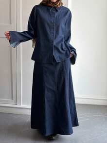 DAZY Women's Casual Collared Top And Denim Skirt Set - Dark Wash - View 4