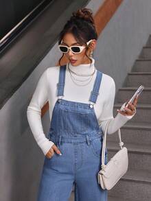 SHEIN PETITE 女式字母刺绣口袋阔腿宽松休闲牛仔连体裤 - 藍色 - 查看 4