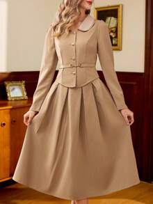 Vintamour 复古经典学院风女士两件套，合身领，腰带，金属纽扣，卡其色 - 卡其色 - 查看 3