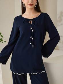 Veilorie 保守休闲波浪刺绣系带女式衬衫 - 藏蓝色 - 查看 2