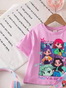 SHEIN Baby Girl Cartoon Character Print Round Neck Short Sleeve T-Shirt And Shorts Casual Outfit - Purple - View 4