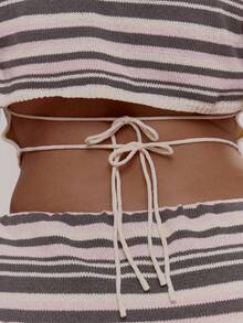 MUSERA Vneck Knit Stripe Cinched Cardigan Top Cute Cosy Spring Everyday Sugar Swizzle - Multicolor - View 2