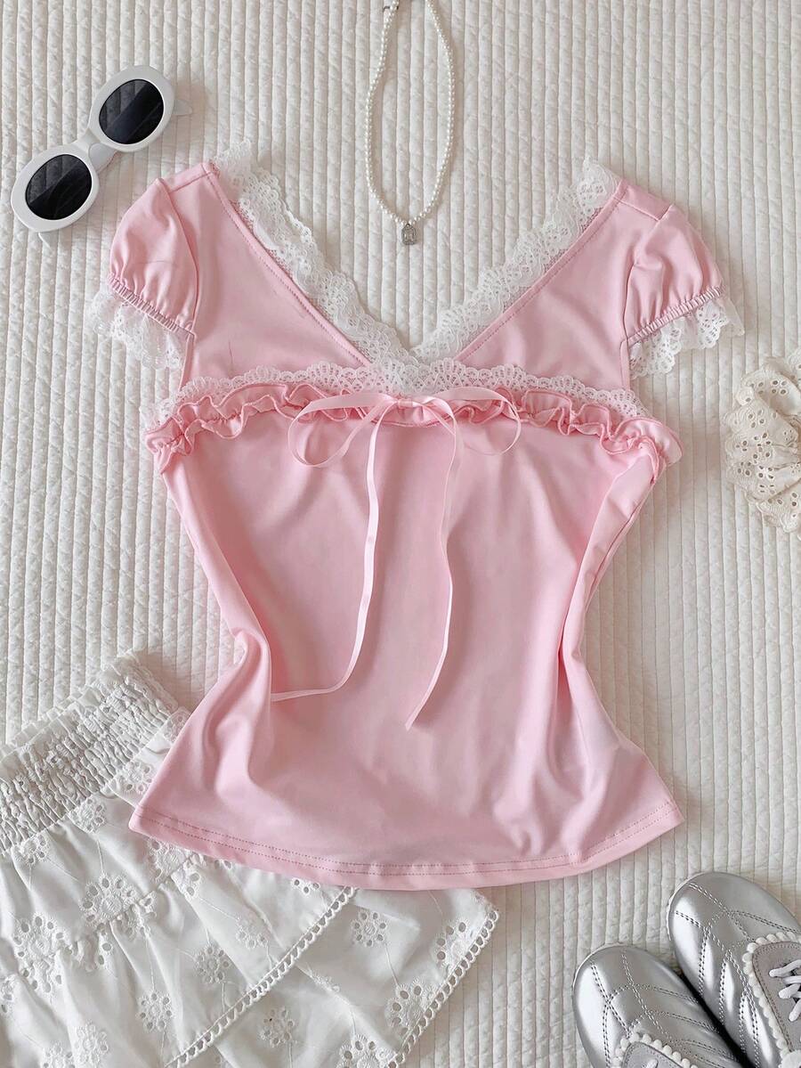Comfortcana Women's Casual Contrast Color Lace Trim Tie Front T-Shirt, Summer Lace Trim Top Pink Babydoll Top Ruffle Top Sweetheart Neckline Tops Baby Pink Top - Pink - View 1
