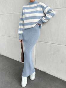 EURMUSE Striped Ribbed Knit Dress & Cardigan Co-Ord Set - Baby Blue - View 4