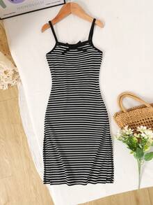 Young Girl's Fashionable & Cute Minimalist Black & White Striped Patchwork Fitted Long Camisole Dress, Summer - Black and White - View 6