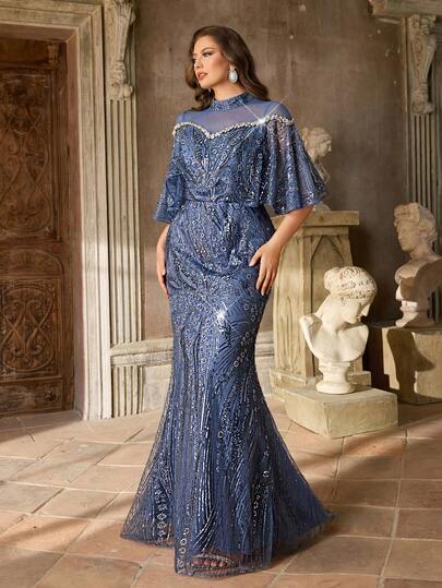 Aureia Plus Size Elegant Romantic Grey Mock Neck Ruffle Sleeve Luxury Beaded Mesh Mermaid Hem Bodycon Dress, Suitable For Wedding, Party, Formal Events, Luxury Evening Gown (Embellished Design)