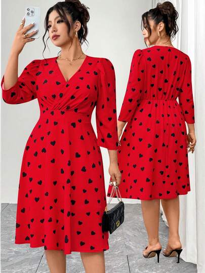 Elenzga 大码女士优雅拼接印花A字连衣裙