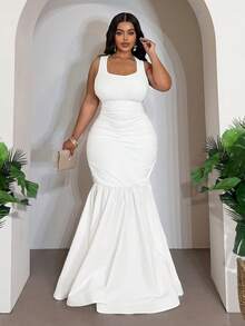 Slaydiva 春夏新款优雅连衣裙，适合派对、约会、婚礼、毕业典礼、晚宴、生日、家庭聚会、朋友外出、舞会等各种场合 - 白色无袖低领褶皱鱼尾喇叭裙摆，大码可选 - 白色 - 查看 5