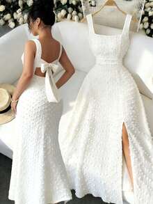 Elenzga Nuevo vestido de punto texturizado sin mangas con cuello cuadrado, diseño de lazo en la espalda abierta, elegante vestido ajustado para fiesta - Albaricoque - Ver 1