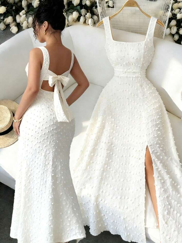 Elenzga Nuevo vestido de punto texturizado sin mangas con cuello cuadrado, diseño de lazo en la espalda abierta, elegante vestido ajustado para fiesta - Albaricoque - Añade 1