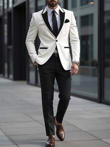 Manfinity Bizformal Bộ vest nam tối giản màu trơn gồm áo khoác và quần, bộ vest cưới chú rể màu trắng và đen, trang phục cưới hai mảnh cho chú rể, thích hợp cho các chuyến đi cuối tuần, hoạt động ngoài trời, du lịch, môi trường làm việc thoải mái hoặc các dịp bán trang trọng, quà tặng cho bạn trai/chồng, quà kỷ niệm/sinh nhật, tiệc tùng, kỳ nghỉ hè, lễ hội, năm mới, đám cưới, ngày Valentine, bộ vest tuxedo. - Đen và trắng - Xem 6