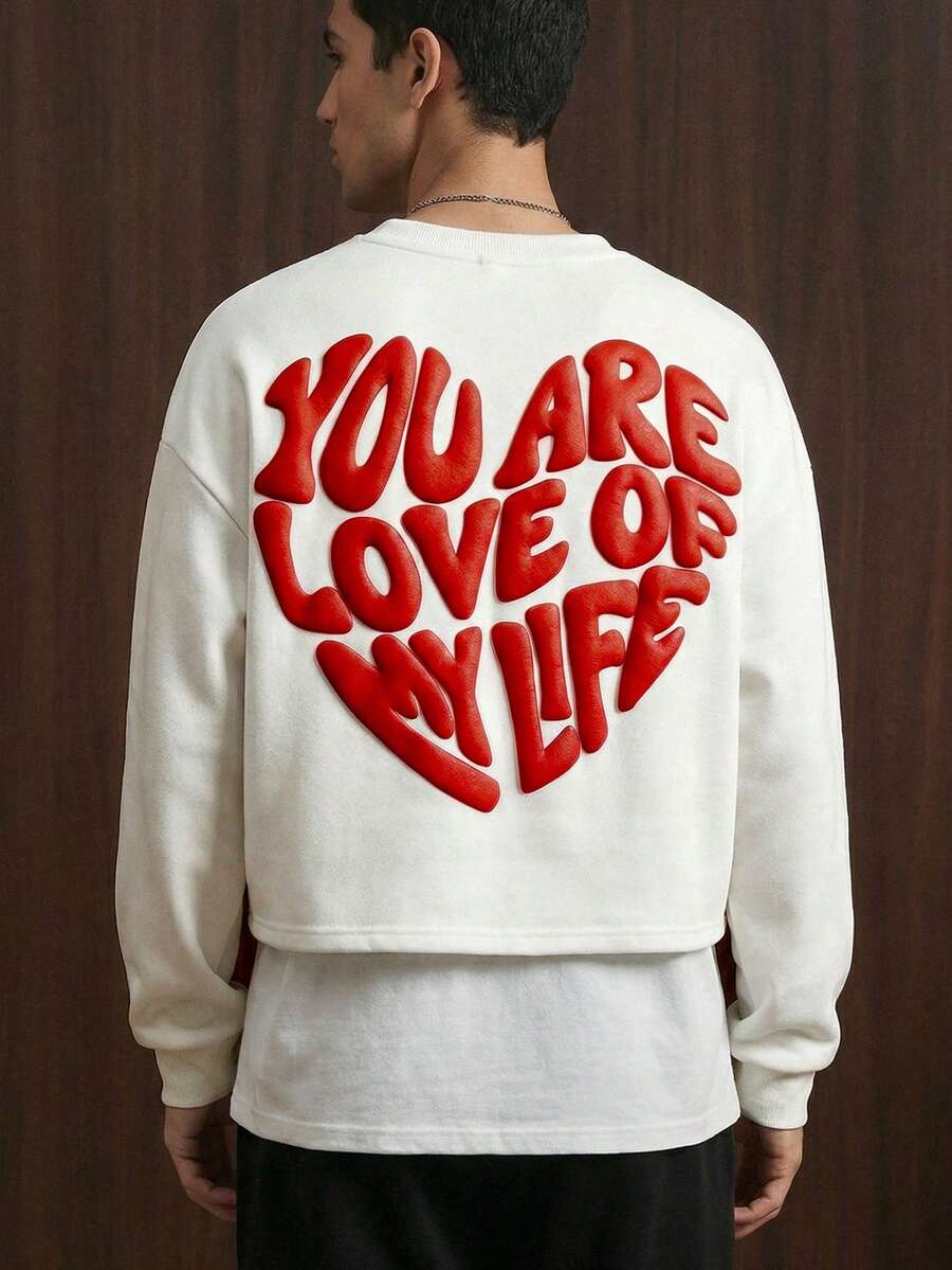 TOKVUE Men's Fashionable 3D English Text Print Pullover Sweatshirt Kpop Clothes - White - View 1