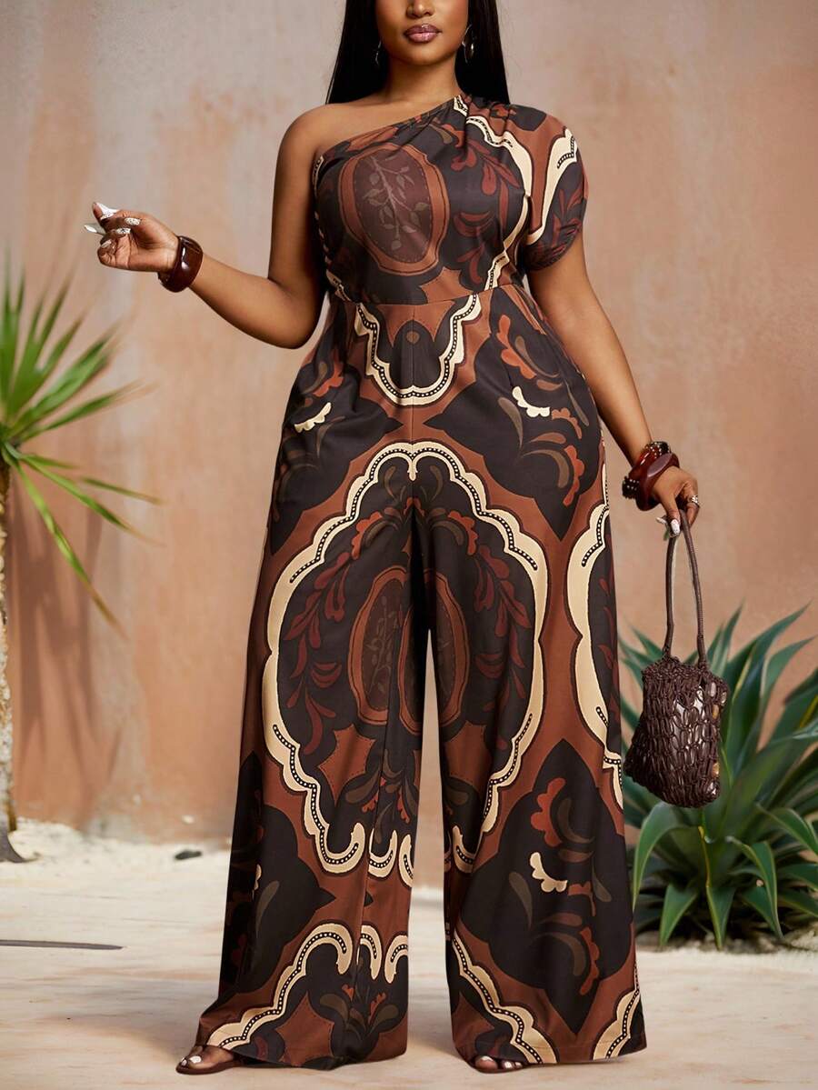 Veslaya 大码女式度假植物印花单肩蝙蝠袖短袖时尚阔腿连体裤