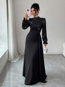 SHEIN Elenzya 女士优雅亮片装饰长袖收腰连衣裙，适合宴会、派对、婚礼宾客、新年、圣诞节等场合。 - 黑色 - 查看 3