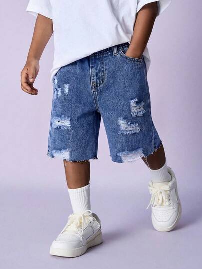 SHEIN Baby Boys Distressed Casual Ripped Light Blue Loose Fit Baggy Denim Long Shorts Bermuda,For Boys Spring And Summer Clothes Daily Wear Outfits