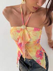 Aloruh 女士吊带无袖露背荷叶边下摆上衣 - 黃色 - 查看 5