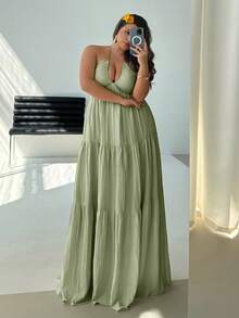 Firerie 大码女士雪纺露背吊带连衣裙，后背系带，适合度假、婚礼、外出、海滩约会 - 綠色 - 查看 2