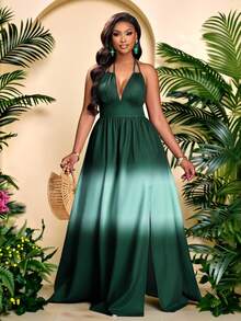 Brilight 女士优雅浪漫渐变印花休闲度假深V领无袖挂脖系带A字长裙，适合外出、海滩、音乐节、婚礼宾客、毕业典礼、商务休闲和波西米亚风格（春夏连衣裙） - 墨綠色 - 查看 1