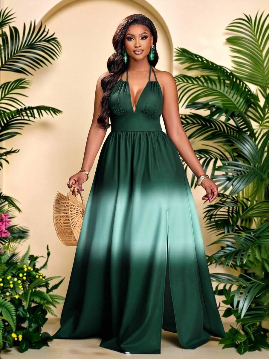 Brilight 女士优雅浪漫渐变印花休闲度假深V领无袖挂脖系带A字长裙，适合外出、海滩、音乐节、婚礼宾客、毕业典礼、商务休闲和波西米亚风格（春夏连衣裙） - 墨綠色 - 查看 1