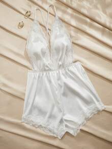 Charlaine Women Lace Trim Backless Camisole & Shorts Pajama Set - White - View 5