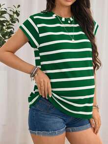 SHEIN Maternity Striped Print Tee - Green - View 1