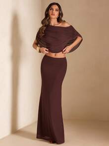 SHEIN BAE Women's Brown Ruched Batwing Shoulder Top And Fish Tail Midi Skirt Elegant 2 Pieces Set - Brown - View 1