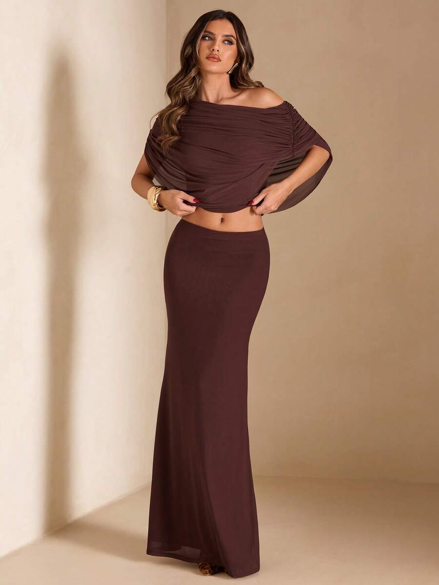 SHEIN BAE Women's Brown Ruched Batwing Shoulder Top And Fish Tail Midi Skirt Elegant 2 Pieces Set - Brown - View 1
