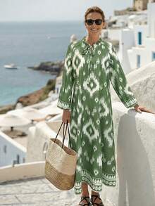 Breezaya Đầm dài tay phồng, cổ bèo nhún, thắt eo dành cho nữ - màu xanh lá - Xem 6