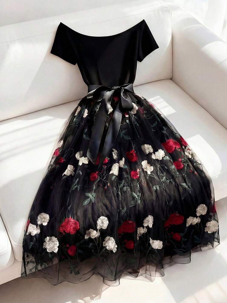 Franclia 1 Vestido de línea A con hombro descubierto, bordado y de malla para mujer, vestido negro, vestido de un solo hombro, vestido de fiesta elegante y de moda. Adecuado para uso diario, bodas, banquetes, viajes diarios, fiestas de graduación, eventos festivos y vacaciones. - Negro - Añade 1