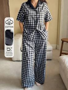 DAZY Plaid Contrast Collar Women Short Sleeve Button-Up Top And Pants Pajama Set - Blue - View 3