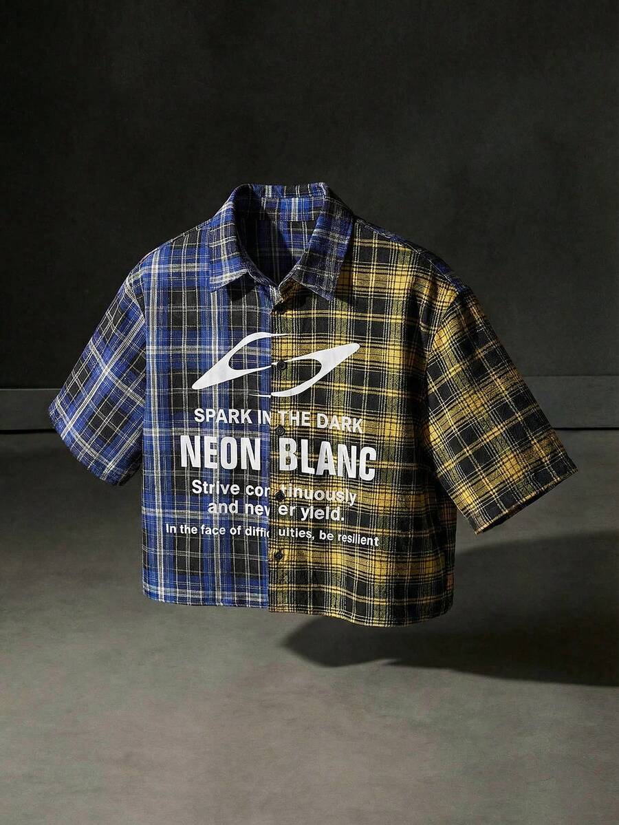 NEON BLANC 男士字母格纹印花短袖单排扣休闲衬衫 - 彩色 - 查看 1
