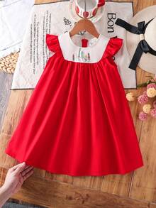 SHEIN Young Girl Casual Versatile Floral Pattern Round Neck Ruffle Trim Contrast Color Dress,Kids - Red - View 9