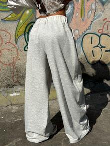 Muchica Calça de moletom feminina casual e versátil com fivela de metal e pernas largas. - Cinza - Ver 2