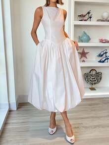 Easowa 圆领斜插口袋腰部褶皱A字灯笼裙，无袖低腰休闲宽松优雅OL中长连衣裙，春夏款 - 白色 - 查看 2