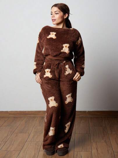 Lupita Cardoza 女款卡通熊图案抓绒斜肩卫衣和裤子套装，秋冬